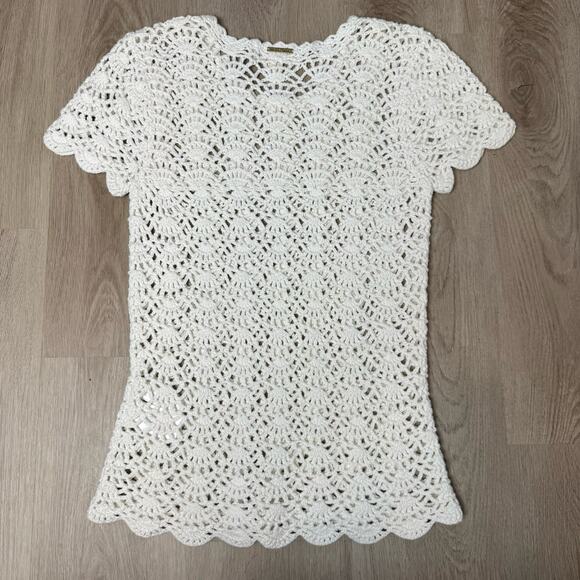 Michael Kors Woman Knitted Crochet Short Sleeve Top White Size Small - Picture 3 of 8